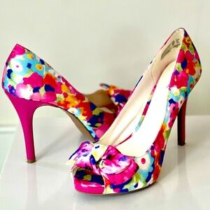 Fioni Floral Watercolor Print Peep Toe Heels with Bow